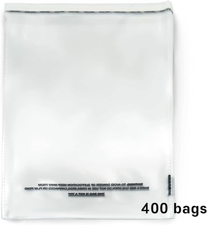 The Elixir Packaging 400 Count 9 x 12 Clear Poly Bag with Suffocation Warning Reclesable Transparent Plastic Tote Backpack Mailer Bag, Food Grade Material, 1.5 Mil Thickness