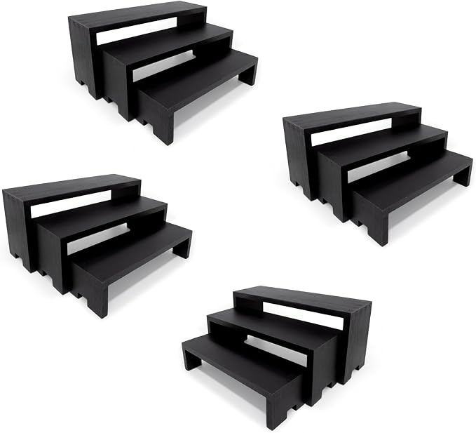 Yikaroeli 12Pcs Display Riser Black Wood Risers Small Wooden Stand 3 Tiered 4 Set Wood Racks Decorative Rectangular, Perfume Risers Cologne Organizer for Table(Black)