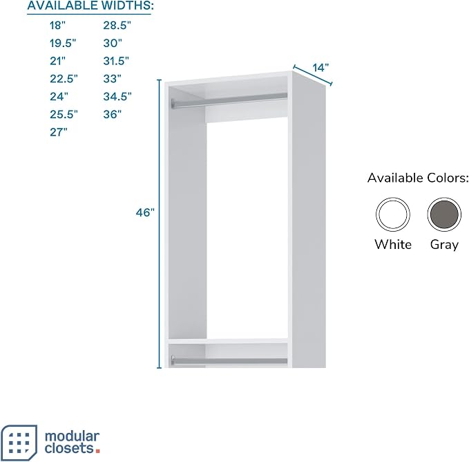 Double Hanging Closet Unit - Modular Closet System For Hanging - Corner Closet System - Closet Organizers And Storage Shelves (White, 28.5 inches Wide) Closet Shelves