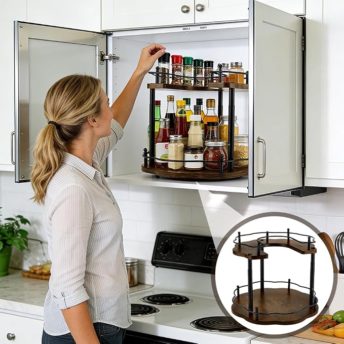 PH PandaHall 2-Tier Susan Organizer Spice Rack Adjustable Rotating Lazy Susan Organizer Flower Shape Wooden Turntable Organization for Kitchen Cabinet Pantry Seasoning Storage, 11.8x11.8x8.7 inch