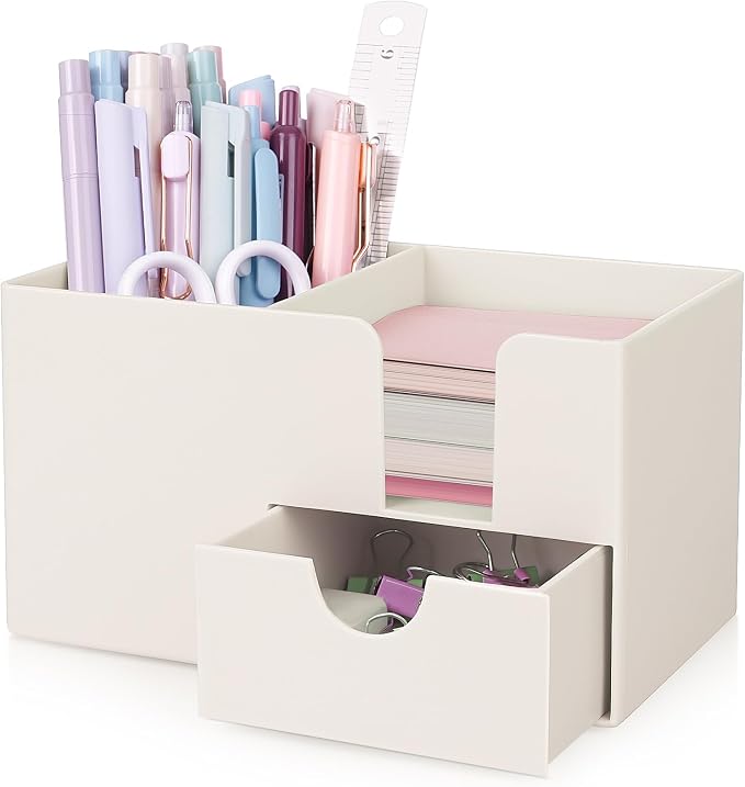 SKYDUE Small Desk Organizer with Drawer | 3 Compartments, Pen Holder for Desk, For Home, School, Office & College Dorm Room