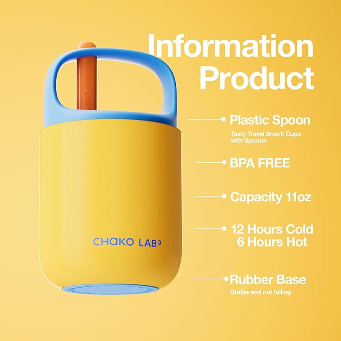 CHAKO LAB Food Jar 15 oz | Stainless Steel Vacuum Insulated for Hot Food and Cold Food | Wide Mouth Leak Proof Lunch Storage for Smoothie Bowl, Soup, Yogurt(Blue and Yellow)