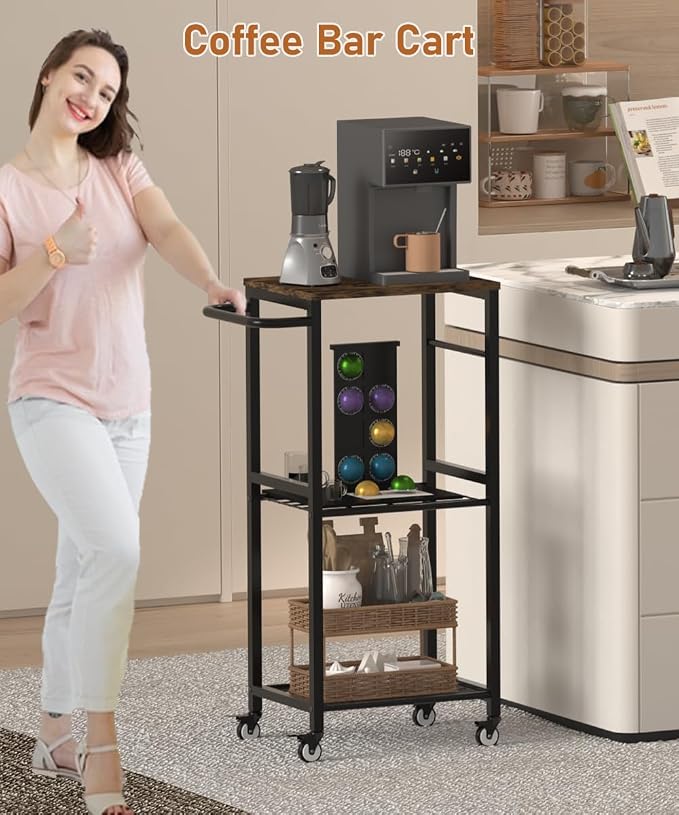 Kitchen Microwave Stand Cart with Storage Rack, 3-Tier Rolling Kitchen Side Table on Wheels with 8 Hooks, Utility Small Coffee Shelf Organizer for Living Room, Bedroom, Bathroom, Office, Black