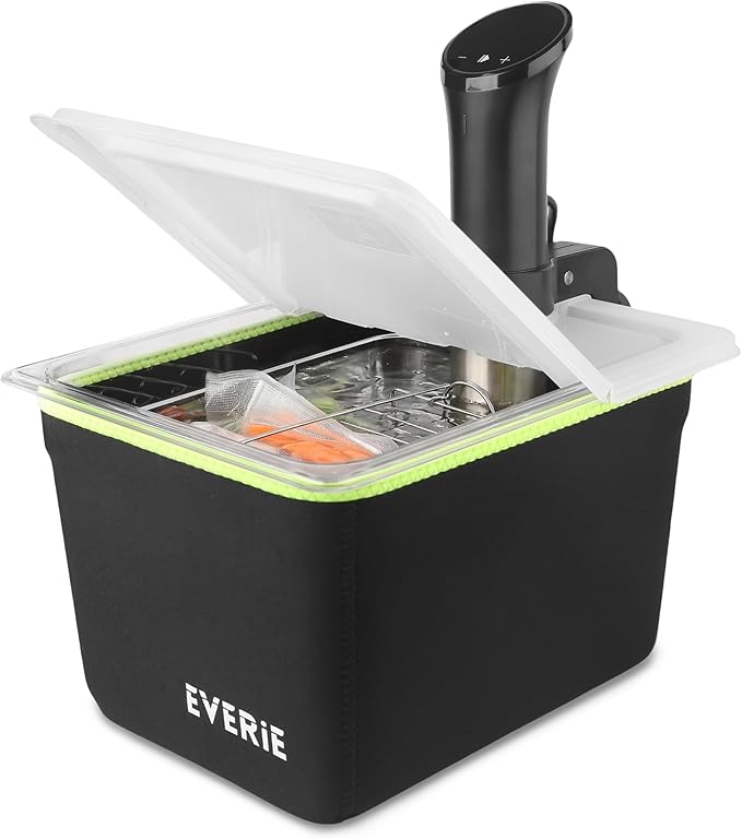 EVERIE 12 Quart Sous Vide Container with Collapsible Hinged Lid + Wobble-Free Stainless Steel Rack Divider + Insulating Neoprene Sleeve — NSF Approved Container, BPA-Free Lid, Fits Anova & Instant Pot