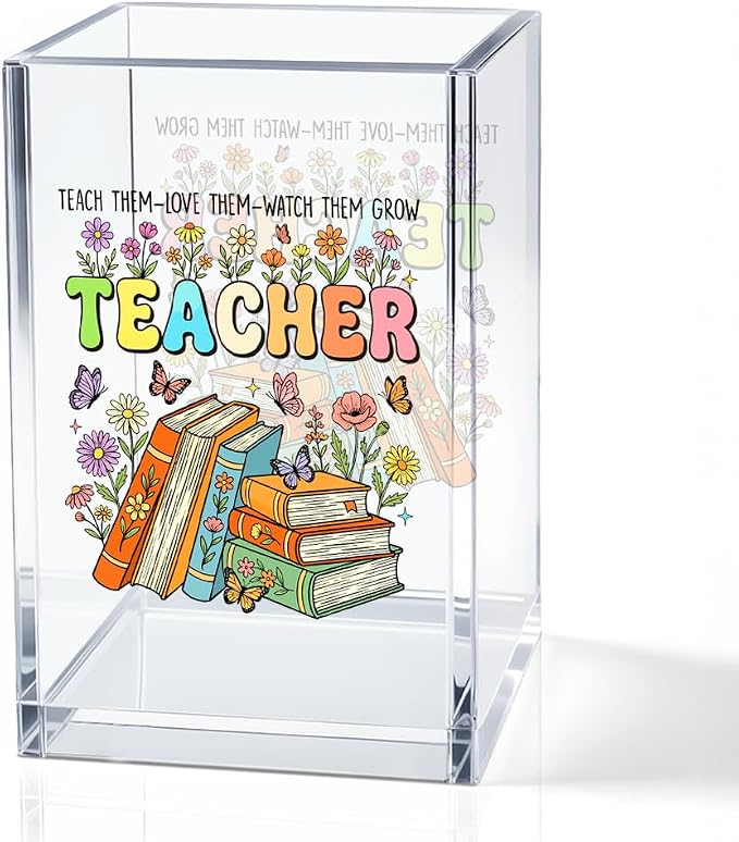 Teach Them Love Them Watch Them Acrylic Cosmetic Pencil Holder Cup, Floral Books Pen Holder for Home Office Desk Accessories for Teacher, Pen Organizer, Marker Holder, Funny Teacher Work Gifts