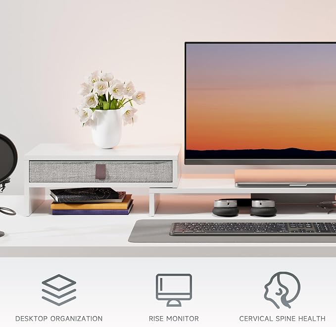 Fenge Triple Monitor Stand with Srorage Drawer, Adjustable Length and Angle | Computer Monitor Riser for 2 or 3 Monitors, Wooden Desktop Laptop Stand, Office Organizer for PC, Screen, Tablet, White