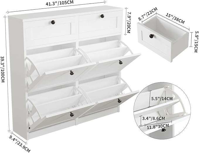 VOWNER Shoe Cabinet with 4 Flip Drawers & 2 Drawers, Freestanding Shoe Storage Cabinet with Adjustable Shelves, Shoe Organizer for Entryway, Hallway, Living Room (White)
