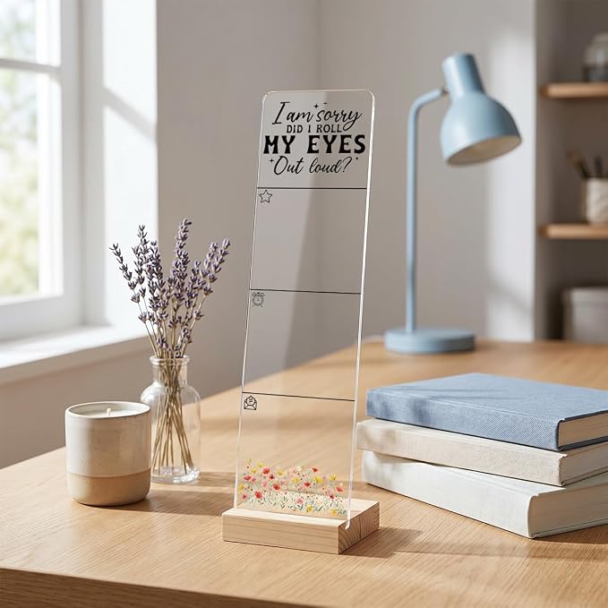 Sticky Note Holder, Monitor Memo Board, Acrylic Post It Note Holder with Wooden Base, Includes 200 Notes, Desk Organizer Sassy Eye Roll Quote