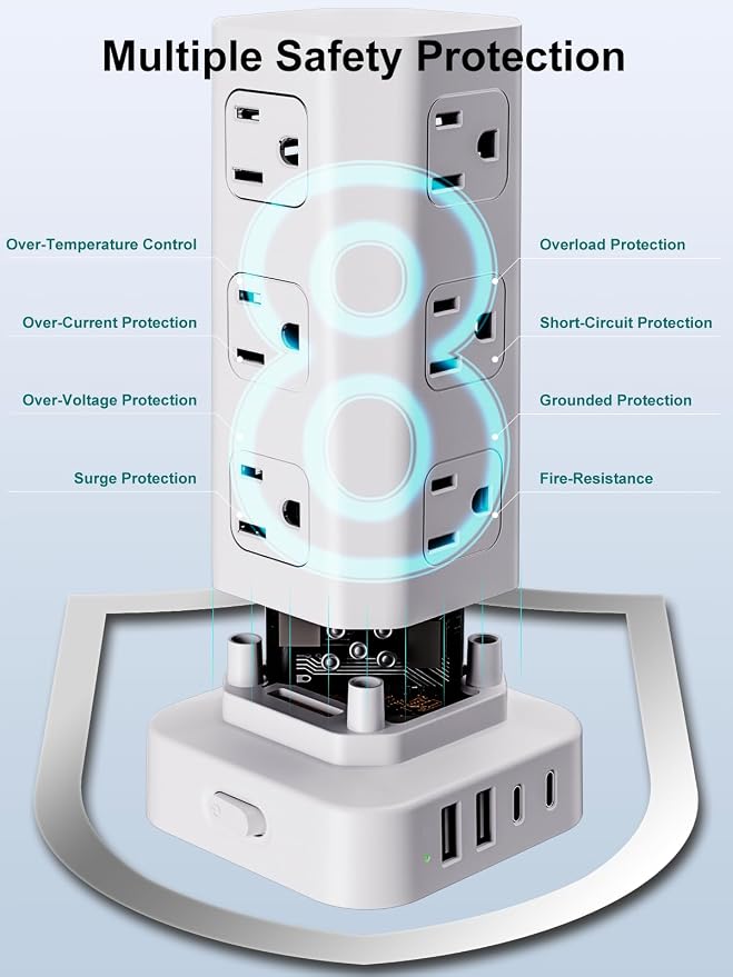 Power Strip Tower Surge Protector, 10FT Flat Plug Extension Cord with Multiple Outlets, 12 AC Outlets 4 USB (2 USB C), Desktop Charging Station with Surge Protection for Home Office Dorm Room, White