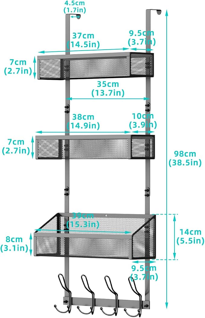 Over Door Hook Organizer 12 Hook Over The Door Organizer with 3 Mesh Baskets - Back of Door Storage Towel Rack Space Saving Storage Organizer for Bedroom, Bathroom, Kitchen, Pantry, Black