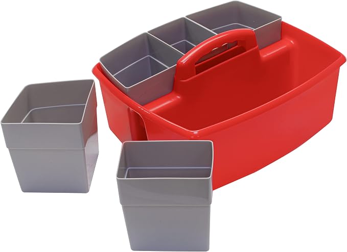 Storex Large Classroom Caddy with Cups, 13 x 11 x 6.575 Inches, Red, Case of 2 (00981A02C)
