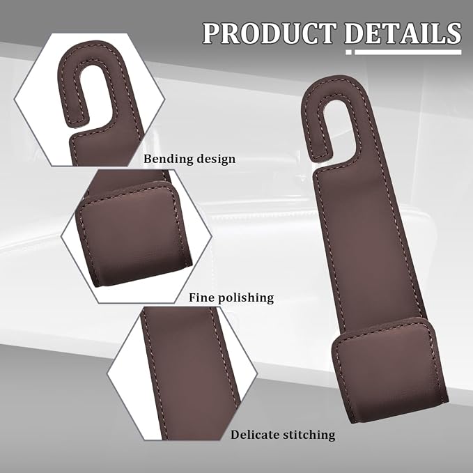 Osilly 2PCS Car Seat Headrest Hook, Leather Stylish Vehicle Backseat Hanger Organizer for Purse Handbag Umbrella, Automotive Seat Back Hanging Storage Holder Hook, Universal for Vehicles (Brown)