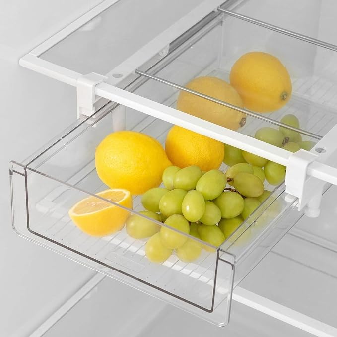 Clear Fridge Organizer Drawer - Plastic Refrigerator Deli Storage Bin for Fruits, Vegetables, Meat & Cheese, Pull-Out Design-M