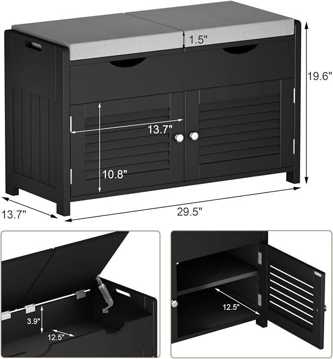 ChooChoo Shoe Storage Bench with Lift Top Storage & Cushioned Seats | 29.5" Entryway Bench with 3 Compartments & Adjustable Shelf, for Entryway, Black