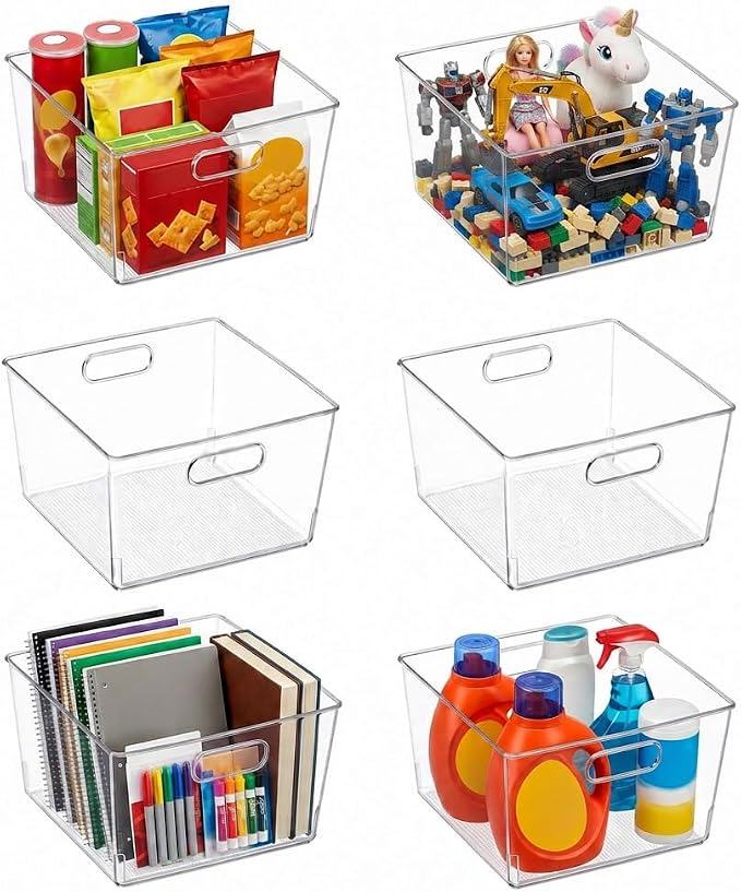MOONEDGE 6-Pack 12x12x7 Extra Large Clear Plastic Storage Bins with Handles | Cube PET Organizer Square Boxes for Pantry,Closet,Kitchen,Bathroom,Laundry,Classroom,Playroom Organization