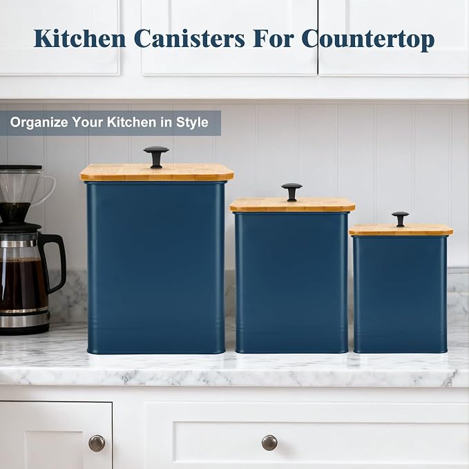 Kitchen Canisters Set of 3, Metal Flour Sugar Storage Containers with Airtight Lids-Canisters Sets for Kitchen with Customizable Chalkboard Labels & Marker Pen-Spice, Coffee Storage Jars(Dark Blue)