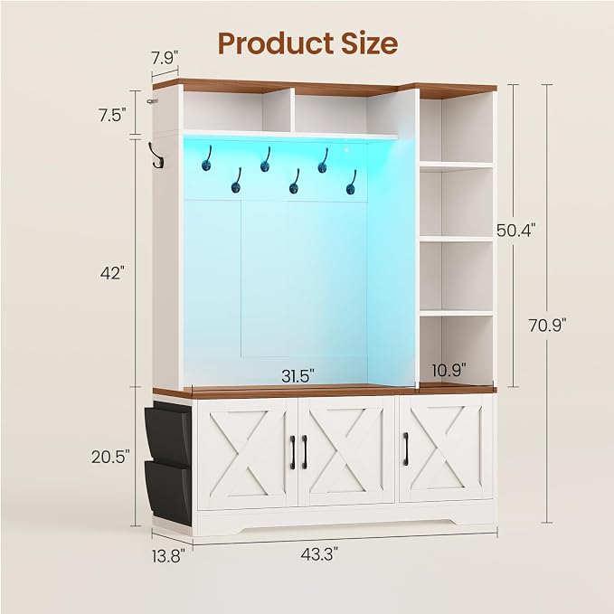 Itaar Hall Tree with Bench and Shoe Storage, Farmhouse Entryway Bench with Coat Rack, Shoe Cabinet with Adjustable Shelves, 6 Storage Cubbies, 10 Coat Hooks, Storage Bag, Led Lights, White