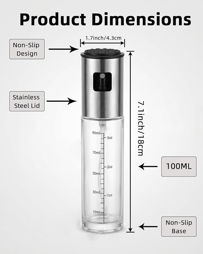 Olive Oil Sprayer, 3.5oz/100ml Oil Sprayer for Cooking, Oil Sprayer for Air Fryer, Stainless Steel Pump for Mist Spray, Food Grade Glass Metarial Mister for Kitchen Gadgets, Salad, BBQ
