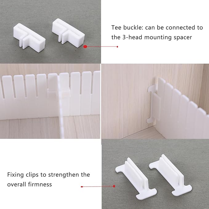 22 Pack Drawer Divider Clips Holder Plastic Mount Fixing Buckle Corner Angle Cross Connector Ends for Drawer Organizer Partition Grid Plates Separators Rail Box Installation (4 Types)