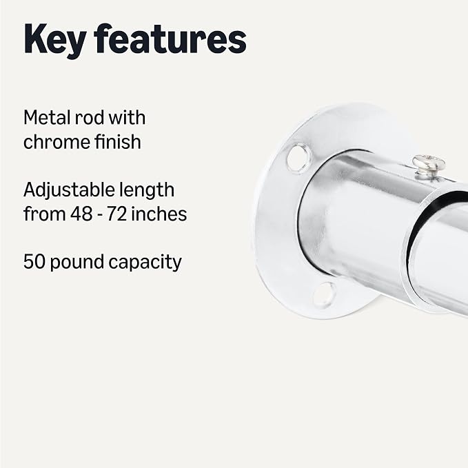 Amazon Basics Adjustable Length Clothes Hanging Rod, Chrome, 48" to 72"