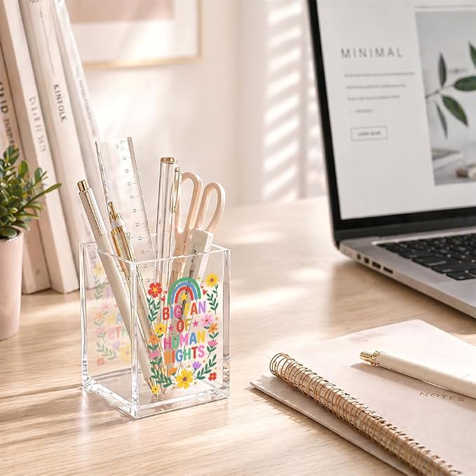 Funny Big Fan Of Human Rights Acrylic Pencil Holder Cup | Rainbow Floral Makeup Brush Holder Gifts, Equality Gifts for Women Men, Anti Resist Support Social Justice Desk Pen Organizer