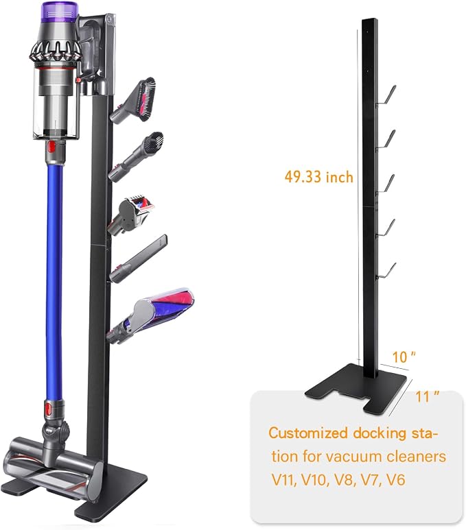 XIGOO Dyson Vacuum Stand with 5 Hooks, Black | Compatible with V15 Detect V11 V10 V8 V7 V6 Cordless Vacuum Cleaners & Accessories, Stable Metal Bracket Organizer Rack