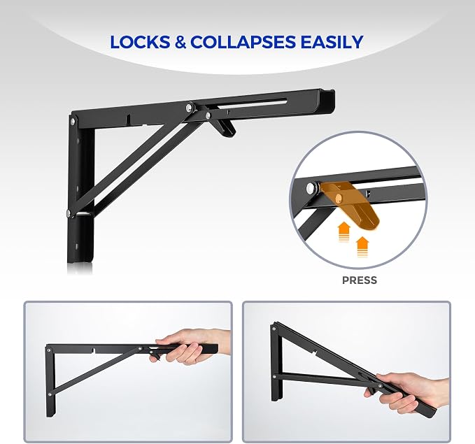 Ravinte Matte Black Folding Shelf Brackets, 22 Inch, 2 Pack | Collapsible Bracket Design, Table And Bench Support, Space-Saving Shelf Setup, For Worktops, Laundry Rooms, Garage Projects