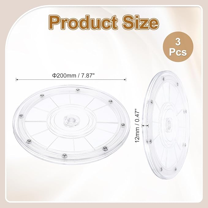 uxcell 3Pack Acrylic Lazy Susan Turntable, 8" Spinner Lazy Susan Turntable Organizer, Acrylic Ball Bearing Rotating Tray for Pantry Spice Rack Decorating, Clear
