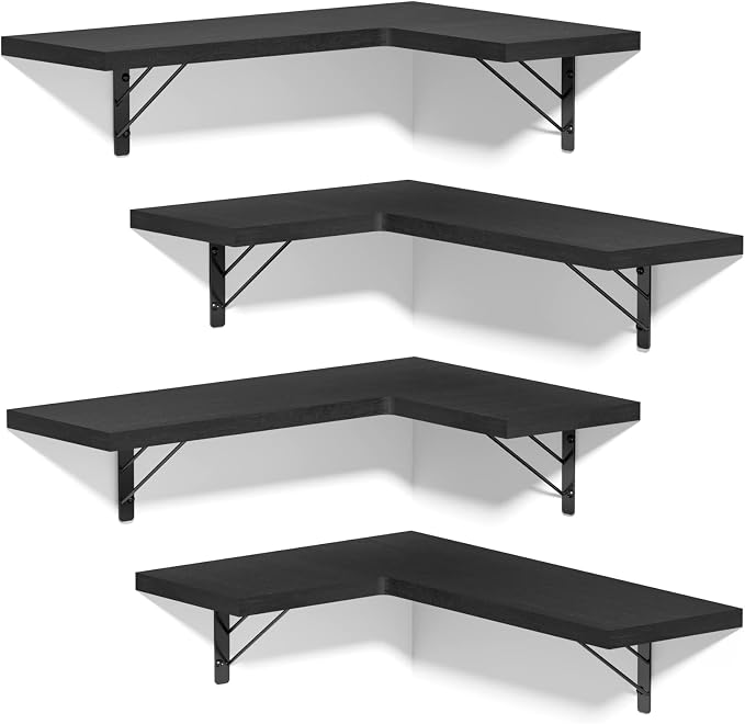Love-KANKEI Corner Wall Shelf Set of 4，Solid Wood/Bracket,16.5"x 11",Black | Easy to Install,Floating Wall Shelves,40 Lbs/shelf,For Bedroom Living Room Bathroom Kitchen Office,Storage Display,Wall Decor