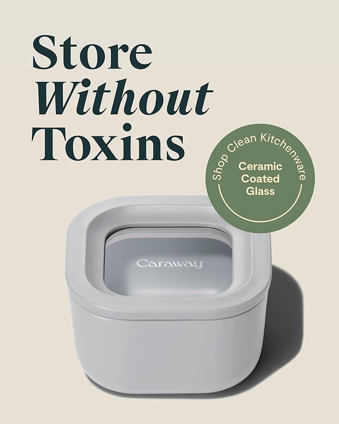 Caraway 2pc Glass Food Storage Set - 1.75 Cup Food Containers (2) - Non-Toxic Ceramic-Coated Glass - Air Release Technology - Compact & Stackable Design - Gray