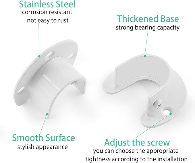 8 Packs Stainless Steel Closet Rod End Supports, 1-1/3 Inch, White | Wardrobe Bracket, Heavy Duty, U-Shaped, With Screws