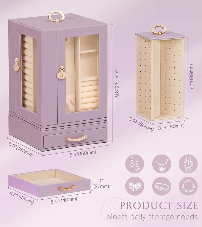 Enthralite Luxury Jewelry Box for Women: 360° Rotating with Clear Window | Compact Jewelry Storage with Drawer - Necklace Ring Organizer with Compartments - Elegant Earring Holder Display Great Gift
