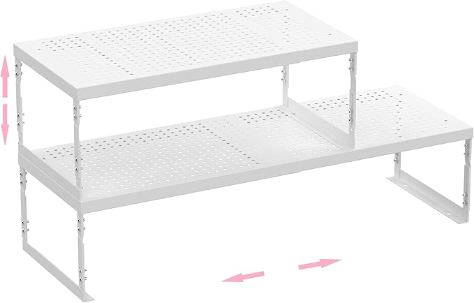Stackable Expandable Metal Shelf Organizer - Adjustable Wire Storage Rack with Holes for Kitchen, Bathroom, Cabinet, Office - Space Saving, Durable & Sturdy Design（2PACKS/Medium/White