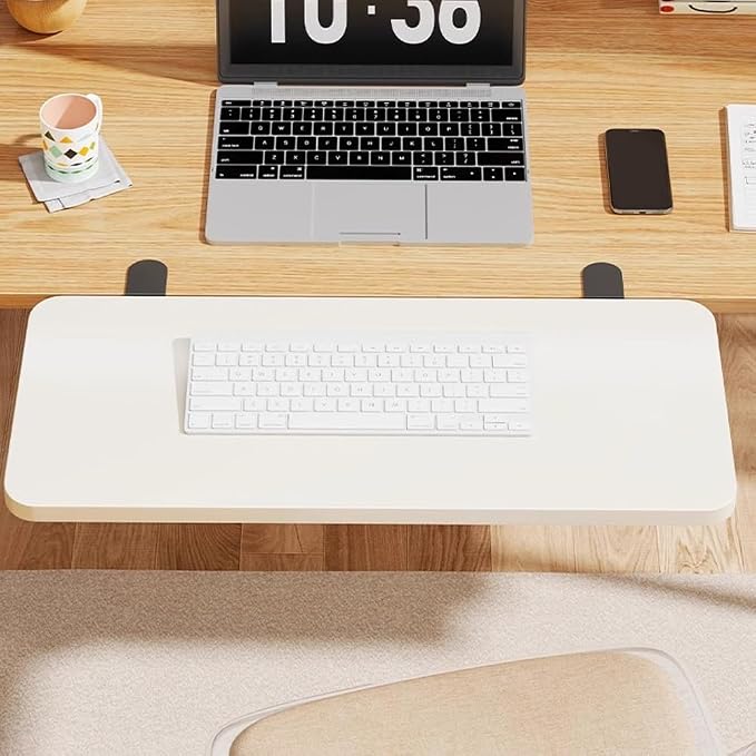 Desk Extender Tray, Punch-Free Clamp on 90° Foldable Keyboard Drawer Tray, Table Mount Armrest Shelf, Computer Elbow Arm Support (White, 19.7"*9.8"*0.5"/50cm*25cm*1.2cm)