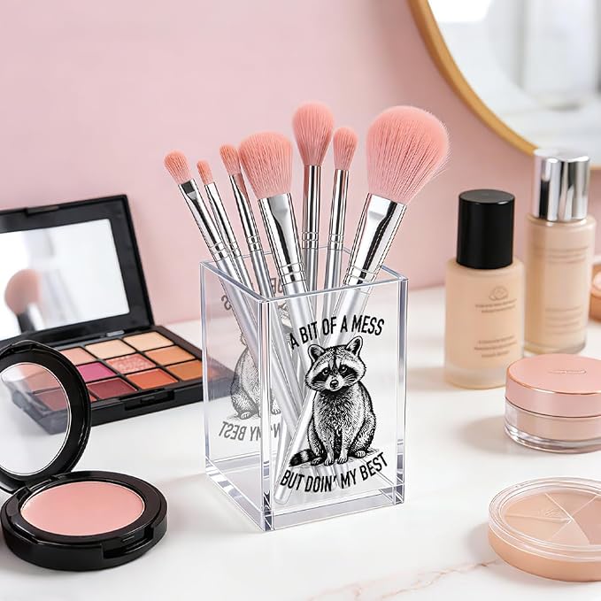 Bit Of A Mess But Doin' My Best Acrylic Pencil Pen Holder Cup, Feral Racoon Makeup Brush Storage Organizer, Cute Mental Health Desk Accessories Holder, Sarcastic Office Gifts for Colleague