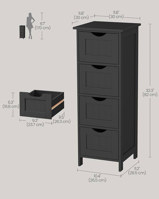 VASAGLE Slim Bathroom Storage Cabinet, MDF Freestanding Floor Organizer with 4 Drawers, Narrow Laundry Room Storage, 11.8 x 11.8 x 32.4 Inch, Black, for Kitchen Pantry, Sofie Collection ULHC040B01