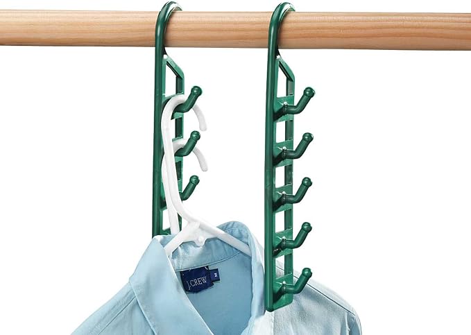 Space Saving Closet Hanger Holders – Set of 4 Durable Green Plastic Organizers with 5 Vertical Hooks Each – Maximize Wardrobe Space for Clothes, Belts, Scarves & Accessories by Miles Kimball