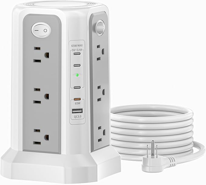 PASSUS PD 65W USB C Fast Desktop Charging Station Tower Power Strip | Surge Protector, 12 Widely Spaced AC Outlets, 4 USB C, 1 USB A, 10FT Extension Cord Overload Protection