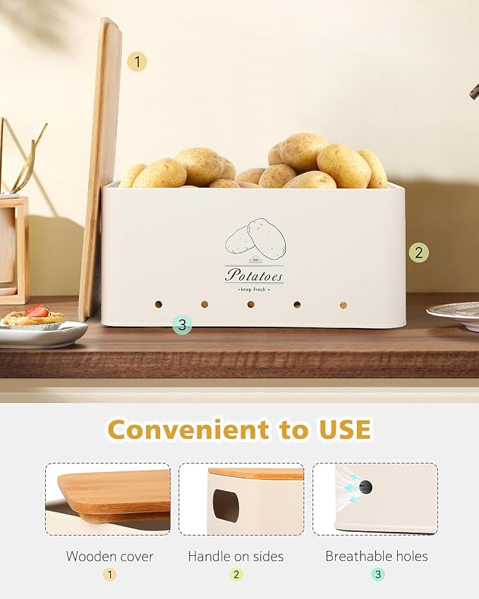 Kitchen Vegetable Storage Tins Set of 3 for Potatoes, Onion, Garlic, Vegetable Storage Containers with Ventilation and Bamboo cover, White metal material, Potato and Onion bin for Pantry