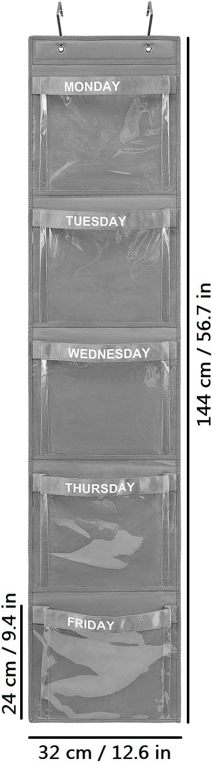 2 Pcs Day of Week Clothing Organizer Monday to Friday School Clothes Organizer for Kids Weekly Hanging Closet Organizer (GREY)