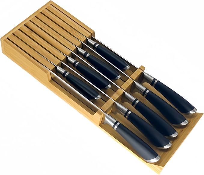 In-Drawer Bamboo Knife Block, 9-Slot Anti-Slip Space-Saving Storage | Fits Most Standard Drawers | Holds Up to 9 Knives | Natural Bamboo Finish | Secure Stable Knife Drawer Insert Organizer