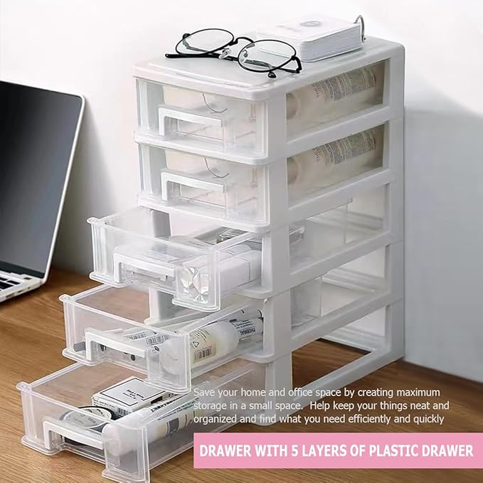 5 Tier Plastic Drawer Type Closet,Portable Storage Cabinet Sundries Storage Cosmetics Jewelry Storage Box for Home Office（White）