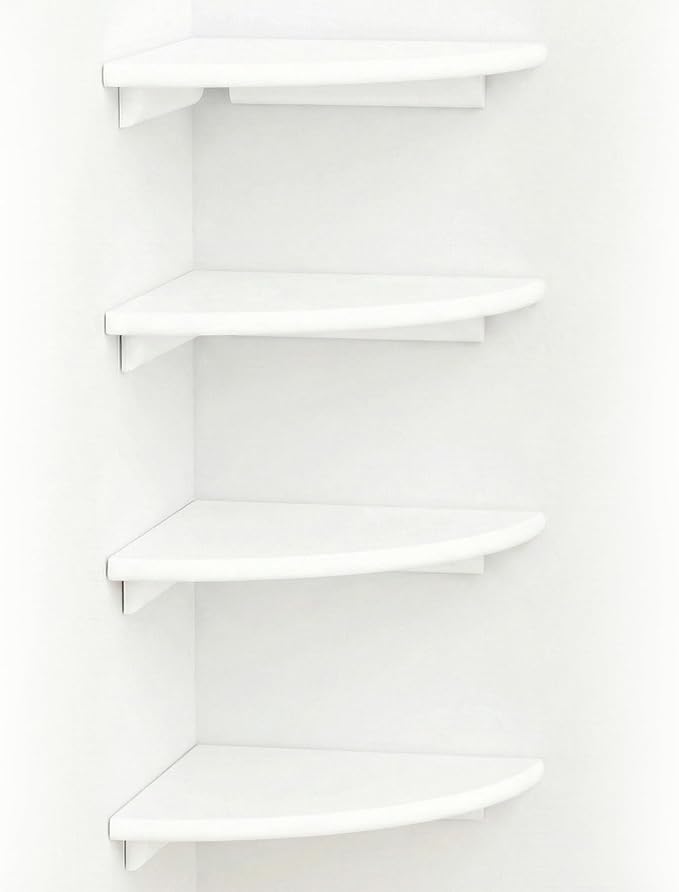 White Corner Floating Shelves for Wall Set of 4, Rounded Wood Wall Mounted Corner Shelf with Hardware, Space Saving Decorative Storage for Kids Room, Bathroom, Living Room, Office