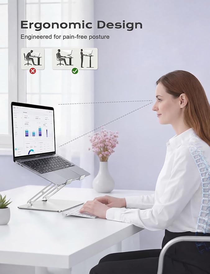 LOXP Aluminum Laptop Stand, Adjustable Laptop Stand for Desk Foldable | Portable Laptop Riser, Ergonomic Computer Notebook Holder for Desk, Office Desk Accessories (10-15.6'') - Silver