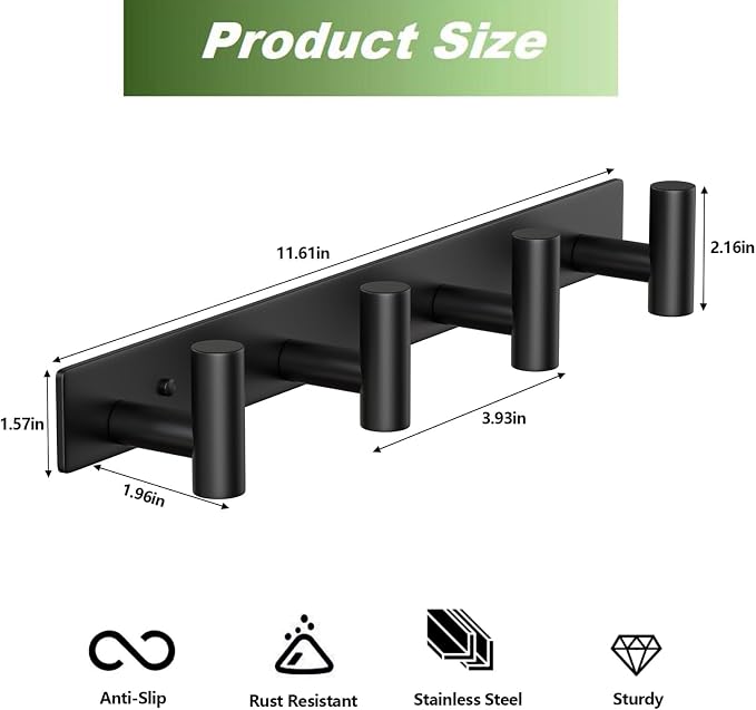 Wall Mounted Coat Rack-4 Hooks, Heavy Duty Stainless Steel Wall Hooks for Towel Coat Bag, Hat Rack Coat Hanger Coat Hooks Towel Racks for Bathroom Entryway Kitchen Hotel Office (Black, 1 Pack)