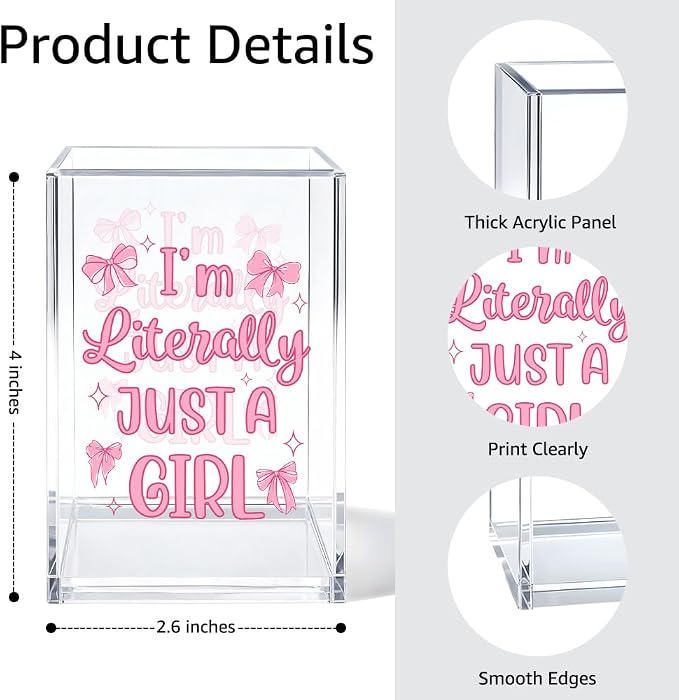 I'm Literally Just A Girl Acrylic Cosmetic Organizer Pen Holder, Funny Acrylic Desk Holder Cup for Pen Pencil, Cute Office Gifts for Women Coworker, Pink Birthday Gifts for Bow Lover Daughter