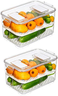 Slideep 11'' Large Food Storage Containers, Fridge Produce Saver 2 Tier Stackable Refrigerator Organizer with Lids and Removable Drain Tray Drawers Bins Baskets for Kitchen -2 Packs
