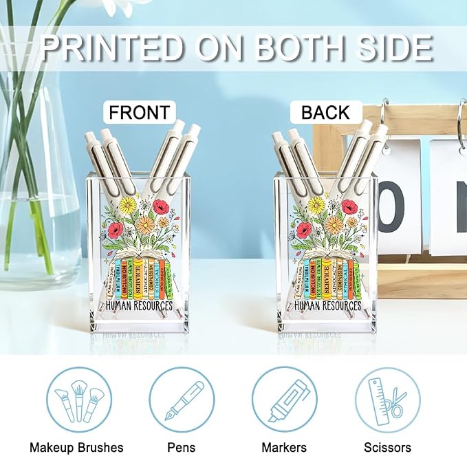 Human Resources Acrylic Cosmetic Pencil Holder Cup, Floral Books Pen Holder for Home Office Desk Accessories for HR Manager Director, Pen Organizer, Marker Holder, Funny HR Work Thank You Gifts