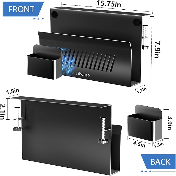 Litwaro Desk Side Storage Organizer, No Drill Laptop Holder Clamp on Desk Shelf with Magnetic Pen Holder, Hanging Organizer Fits Flat Edge Desks 0.4" to 2.1" (Black)