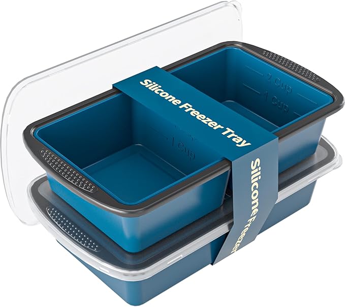 GORCI Silicone Freezer Tray With Lid, 4 Large 2 Cup Soup Freezer Molds, Soup Freezer Container for Meal Prepping, Large Ice Cube Tray， Perfect for Storing Leftovers, Sauces, Lasagna, 2-Pack